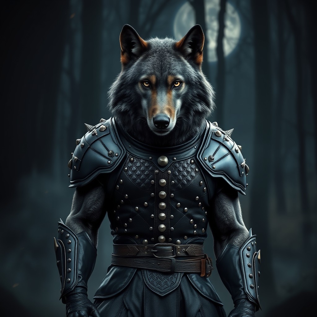 A fierce wolf wearing black studded leather armor, showcasing its powerful physique and sharp features