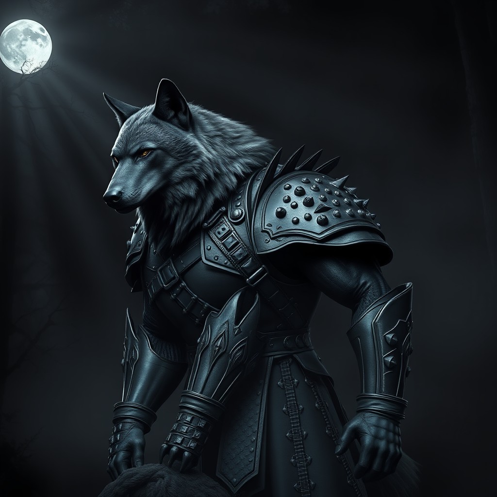A powerful wolf clad in black studded leather armor, exuding strength and nobility