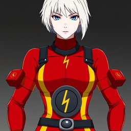 An anime woman with pale white skin and very light blonde chin-length hair, complemented by striking blue eyes that convey a sense of determination