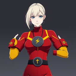 An anime woman with pale white skin and very light blonde chin-length hair, complemented by striking blue eyes that convey a sense of determination