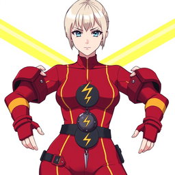 An anime woman with pale white skin and very light blonde chin-length hair, complemented by striking blue eyes that convey a sense of determination