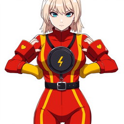 An anime woman with pale white skin and very light blonde chin-length hair, complemented by striking blue eyes that convey a sense of determination