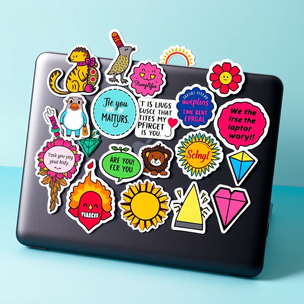A vibrant assortment of creative laptop stickers displayed on a stylish laptop surface
