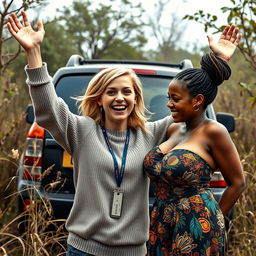 Beside an SUV in the midst of a wild thicket, a captivating scene focuses on a young blonde woman, petite and malnourished at 30 years old, standing with her arms raised in a surrendered pose