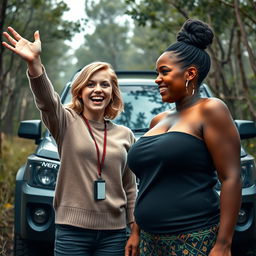 Beside an SUV in the midst of a wild thicket, a captivating scene focuses on a young blonde woman, petite and malnourished at 30 years old, standing with her arms raised in a surrendered pose