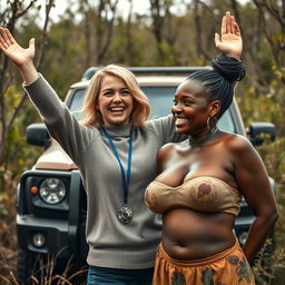 Beside an SUV in the midst of a wild thicket, a captivating scene focuses on a young blonde woman, petite and malnourished at 30 years old, standing with her arms raised in a surrendered pose