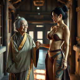 Inside a medieval room, a striking scene captures a petite, extremely malnourished 40-year-old Japanese woman wearing a long, closed Buddhist robe with golden trim, her gray hair neatly styled in a bun