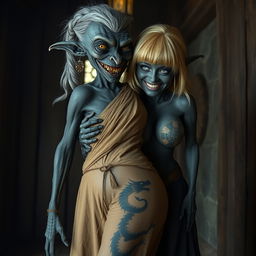 Inside a medieval room, featuring a dark-skinned female goblin, emaciated and aged 40, with completely black skin and a small body