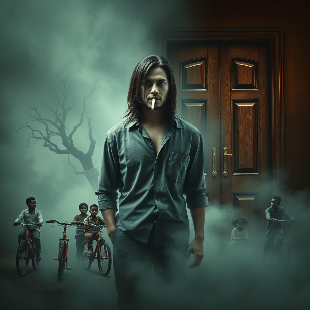 A sinister movie poster composition featuring a central character with long hair wearing a shirt, holding a cigarette in their mouth