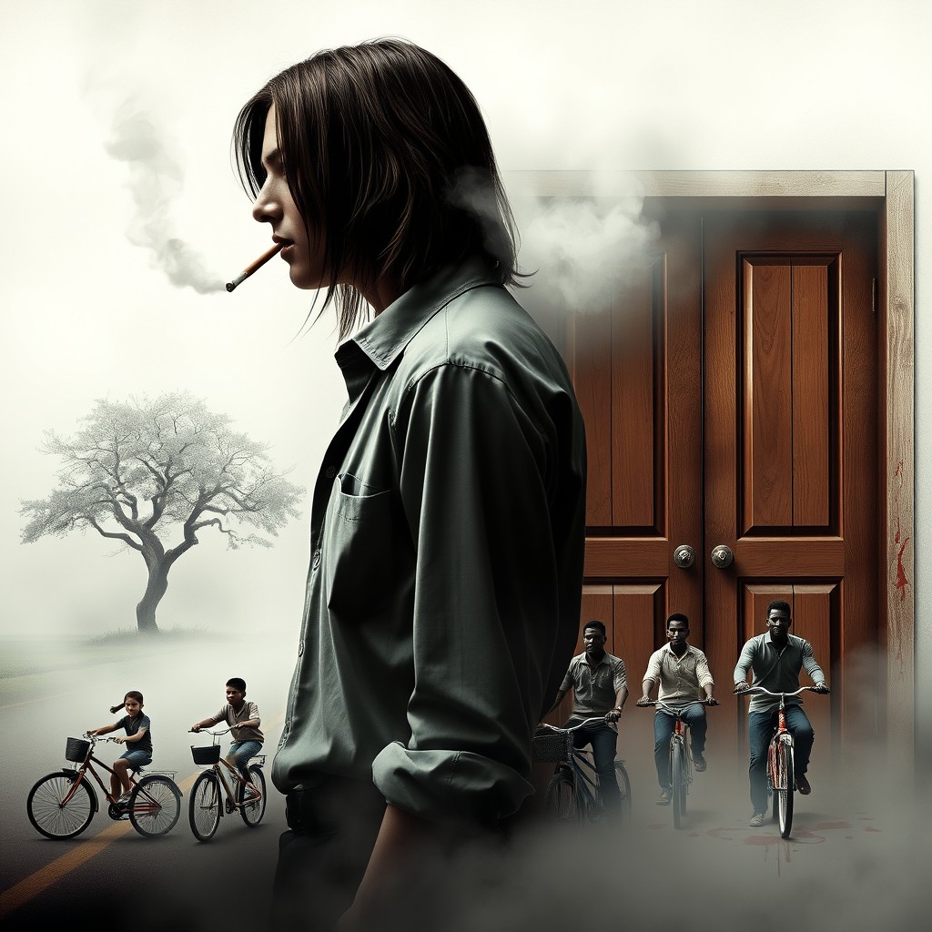 A sinister movie poster composition featuring a central character in profile with long hair, wearing a shirt and holding a cigarette in their mouth