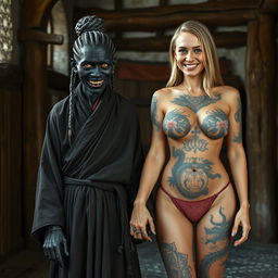 In a medieval room, a short, malnourished 50-year-old Black woman stands with entirely black skin and gray braided hair styled in a bun