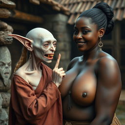 In a medieval village, a petite elderly female goblin with albinism and very pale skin, exhibiting a malnourished body and sharp, decayed teeth