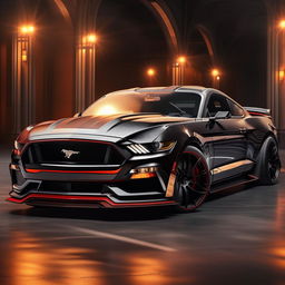 An inspiring 8K resolution, 1080HP picture quality depiction of a luxurious Ford Mustang supercar as conceptualized by Mansory, combining classic American muscle with opulent European design.