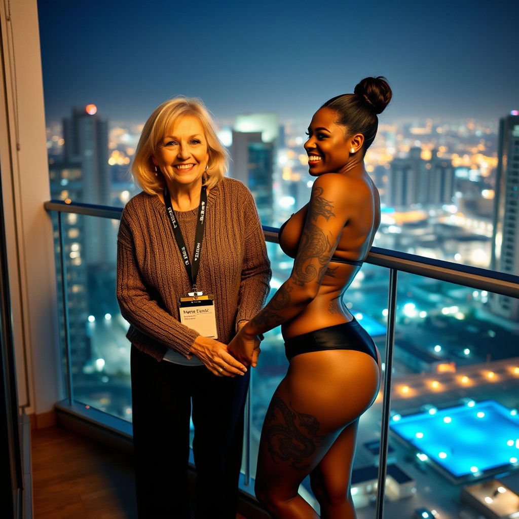 On the balcony of a high-rise suite at night, a heartwarming scene captures two women