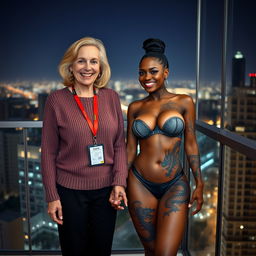 On the balcony of a high-rise suite at night, a heartwarming scene captures two women