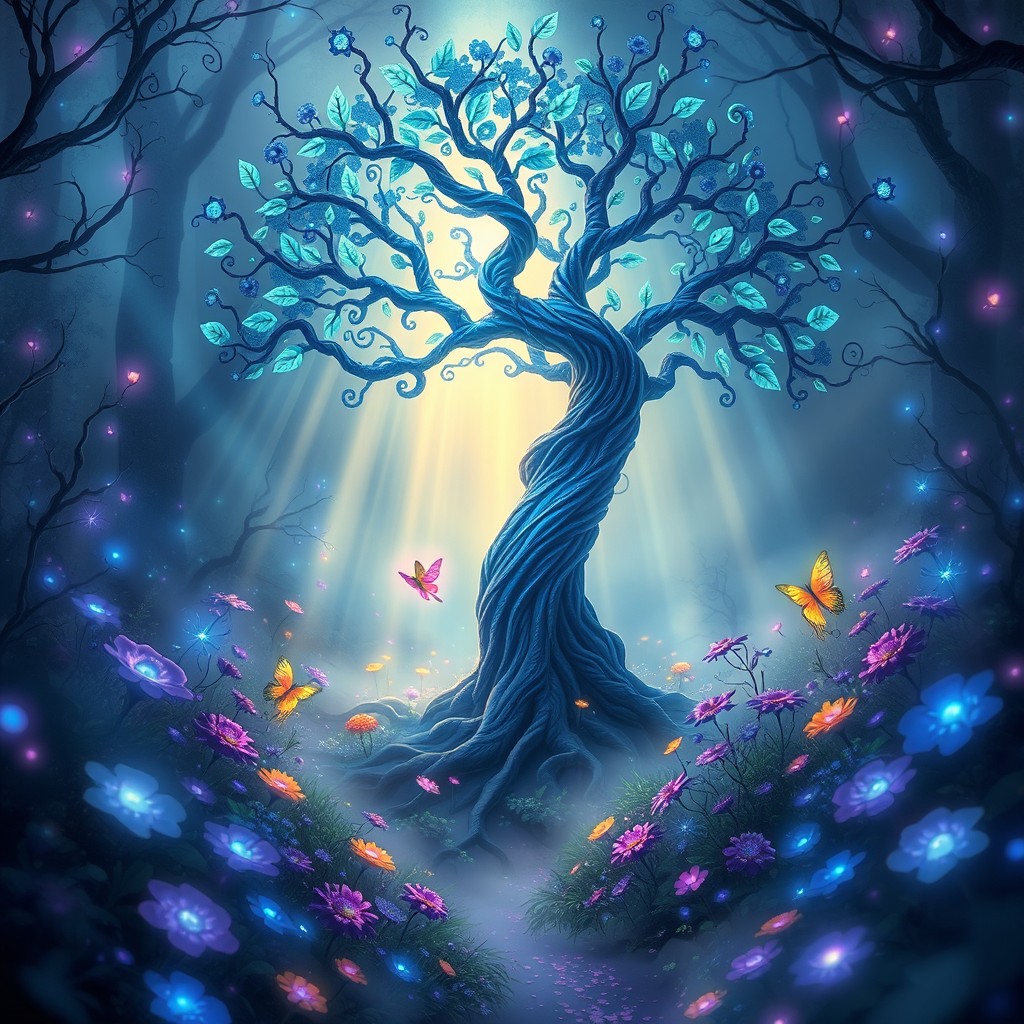 A vibrant, mystical enchanted forest, filled with glowing bioluminescent plants and flowers in various shades of blue and purple