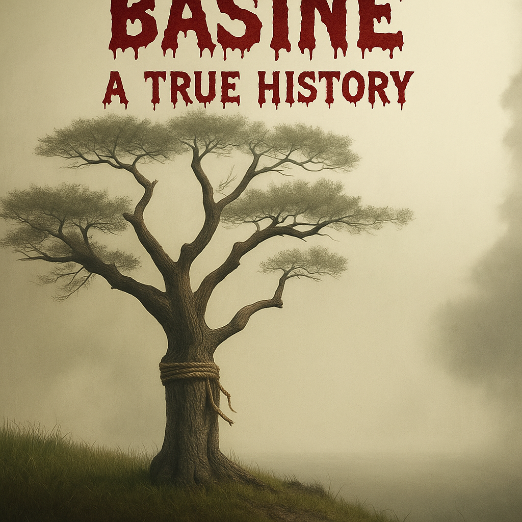 pon un titulo centrado en la imagen que diga: "Basiné a true history",letra terrorifica y las letras goteando sangre
