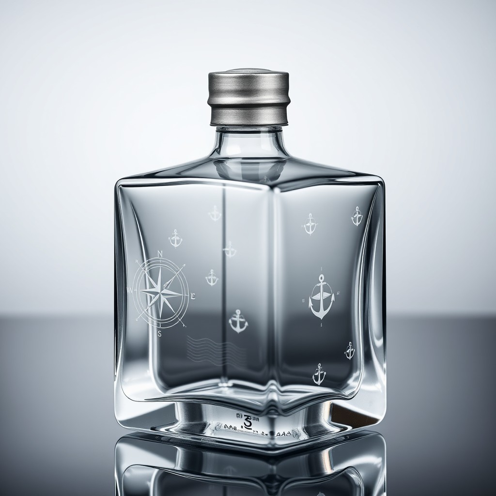 A premium square-shaped water bottle design inspired by elegant maritime craftsmanship, featuring crisp, sharp edges and a slightly beveled square profile, made of crystal-clear high-end glass