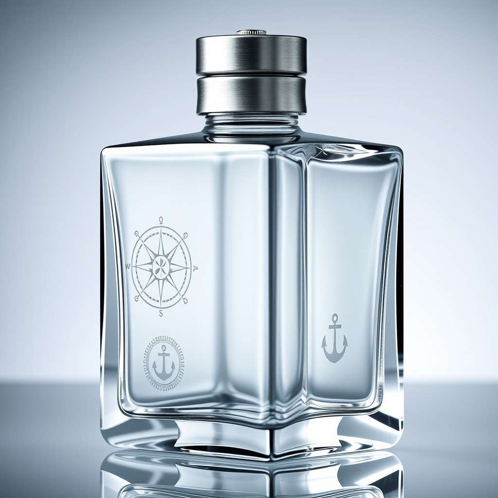 A premium square-shaped water bottle design inspired by elegant maritime craftsmanship, featuring crisp, sharp edges and a slightly beveled square profile, made of crystal-clear high-end glass
