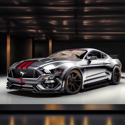 An inspiring 8K resolution, 1080HP picture quality depiction of a luxurious Ford Mustang supercar as conceptualized by Mansory, combining classic American muscle with opulent European design.