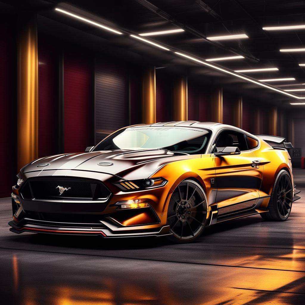 An inspiring 8K resolution, 1080HP picture quality depiction of a luxurious Ford Mustang supercar as conceptualized by Mansory, combining classic American muscle with opulent European design.