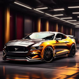 An inspiring 8K resolution, 1080HP picture quality depiction of a luxurious Ford Mustang supercar as conceptualized by Mansory, combining classic American muscle with opulent European design.