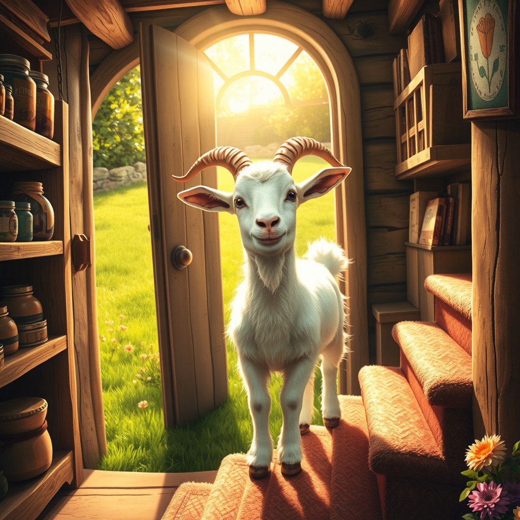 A whimsical scene of a goat exiting a cozy basement