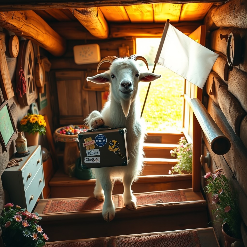 A whimsical scene featuring a goat leaving a cozy basement, holding a small suitcase in one hoof and waving a white flag in the other