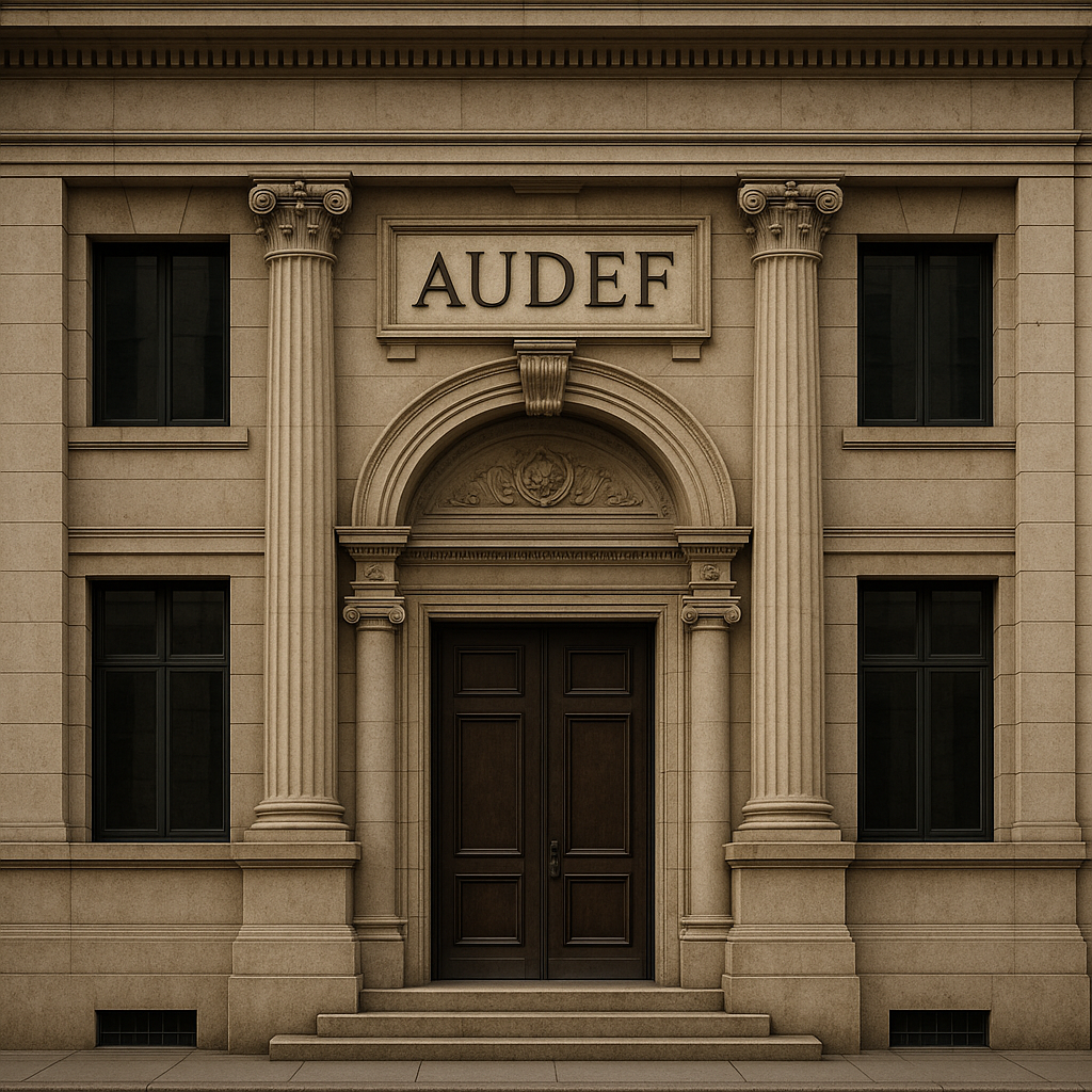 crea una fachada de un edificio emblemático que tenga un letrero arriba de la puerta principal que diga "Audef"