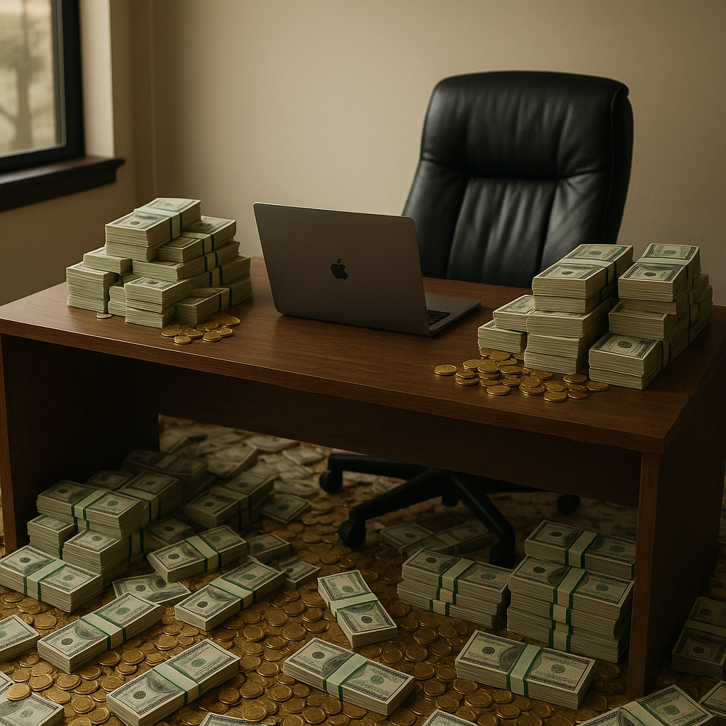 crea una habitacion de despacho con una mesa,un ordenador portatil y mucho dinero por el suelo en montones de billetes y monedas que lo inunda todo