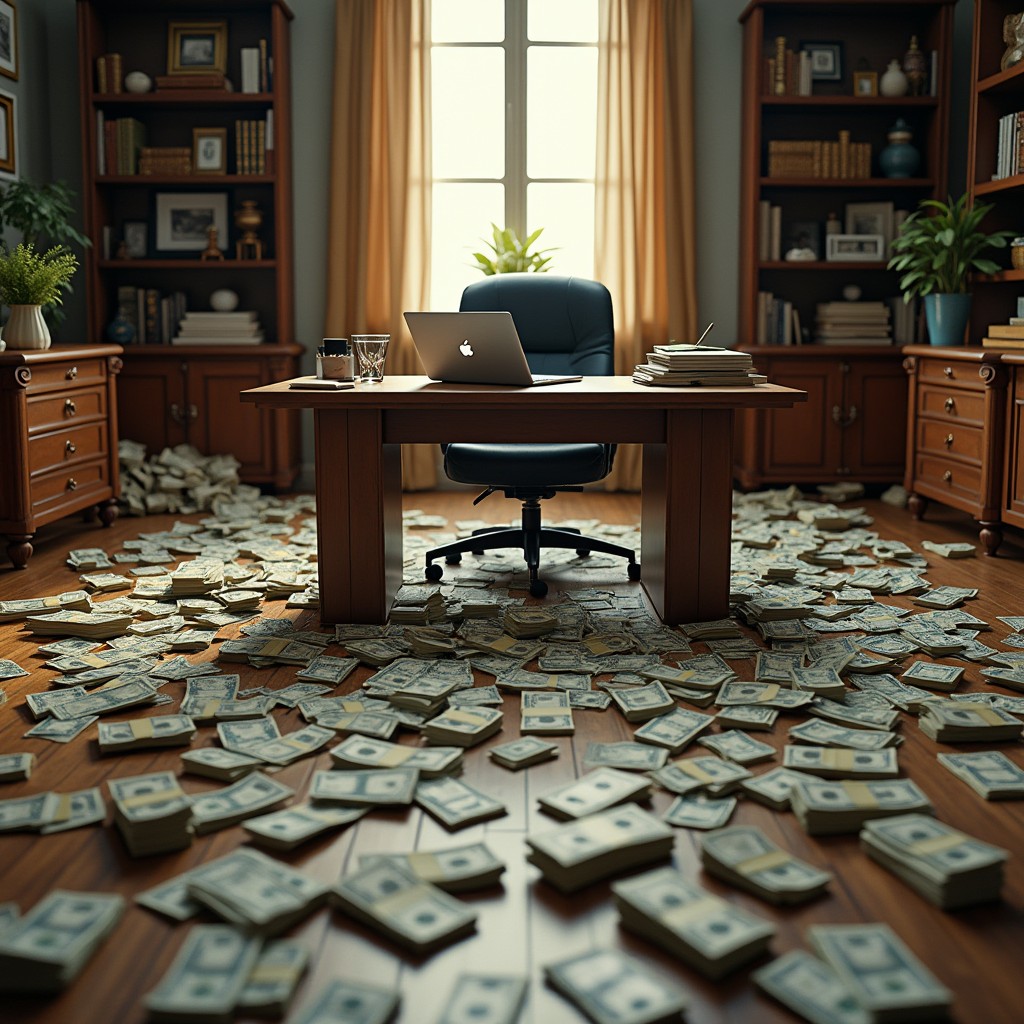 An office room filled with stacks of money scattered chaotically across the floor, including piles of bills and coins that create a luxurious yet messy atmosphere