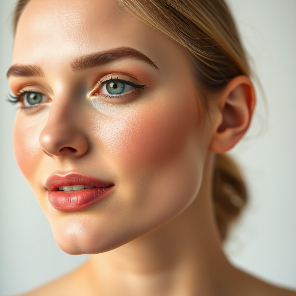 A beautifully styled portrait of a woman with light skin and a dewy, fresh makeup base