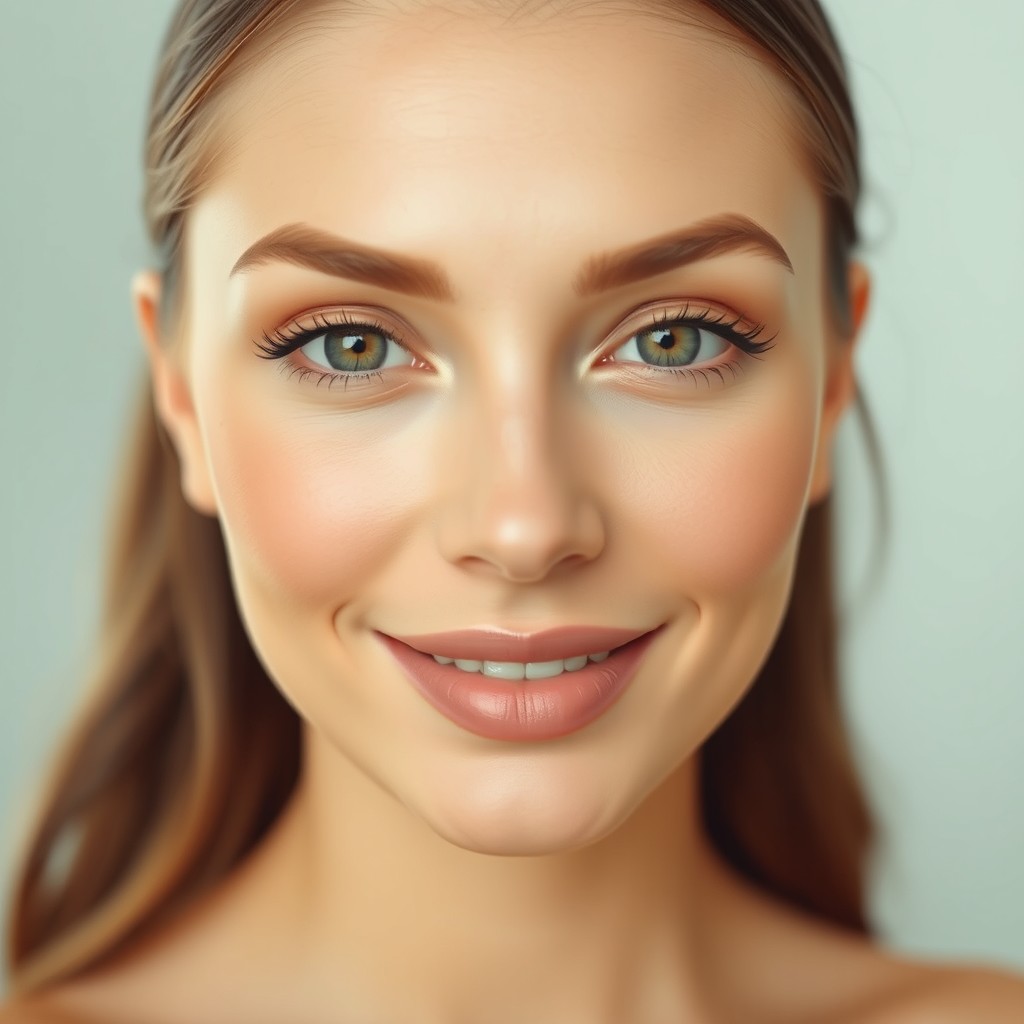 A stunning close-up portrait of a woman with light skin, showcasing a dewy, fresh makeup base that appears radiant and youthful