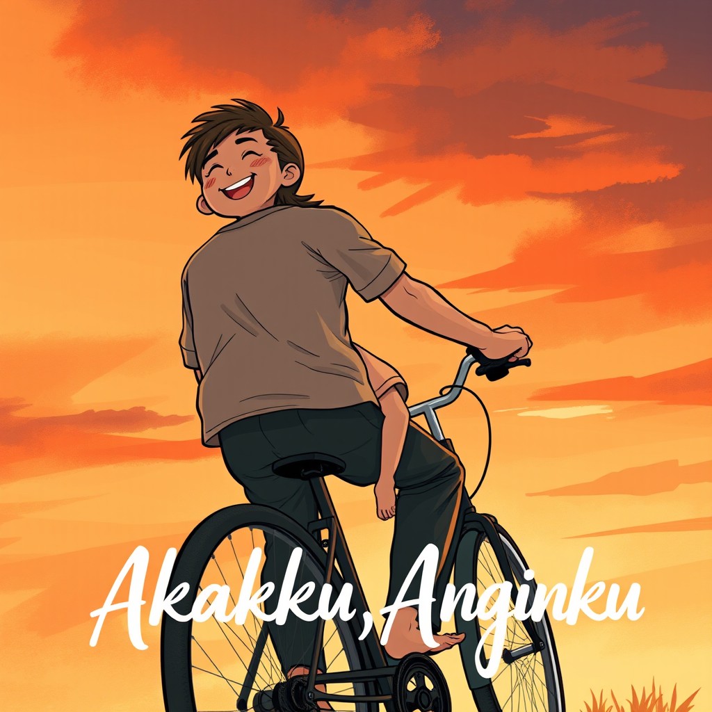 An illustration for a novel cover, focusing on a little girl named Mentari, approximately 6-7 years old, laughing joyfully with her head tilted back