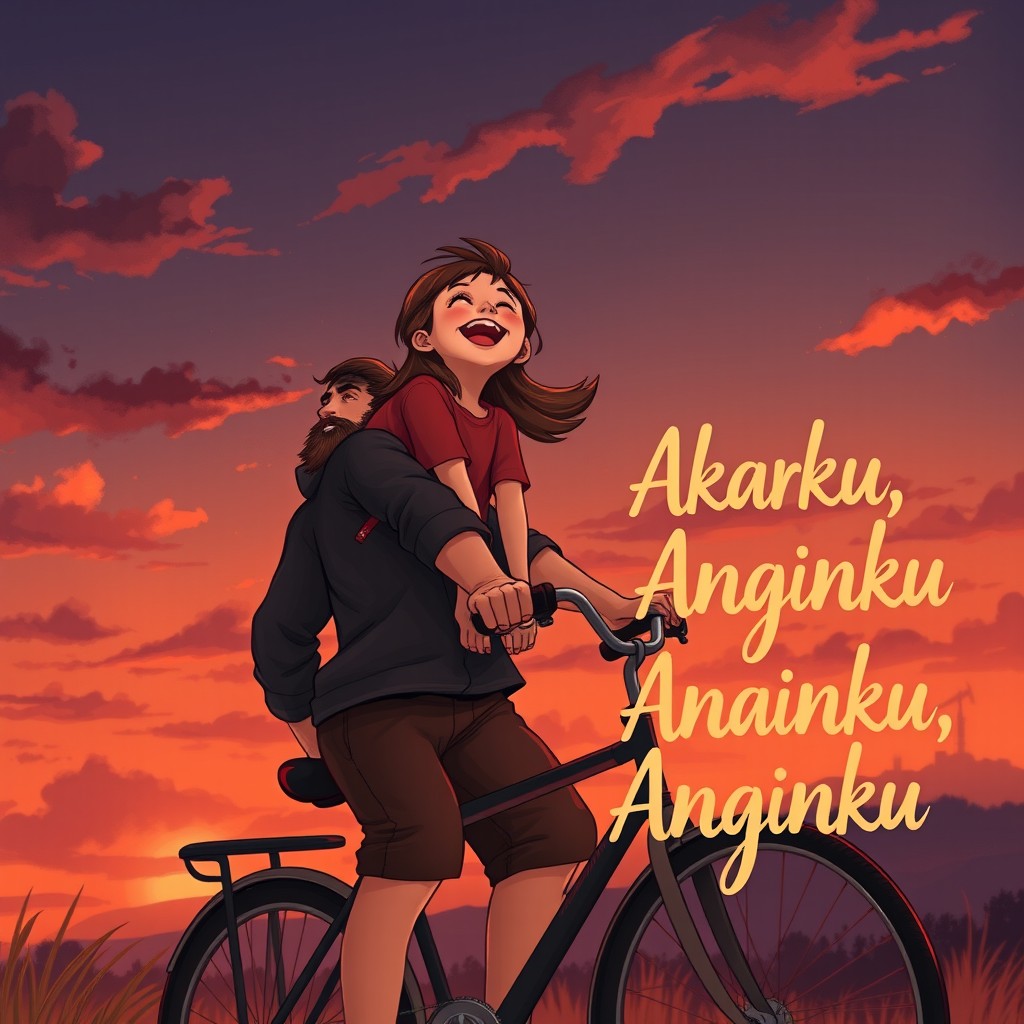 An illustration for a novel cover featuring a little girl named Mentari, around 6-7 years old, laughing joyfully with her head thrown back