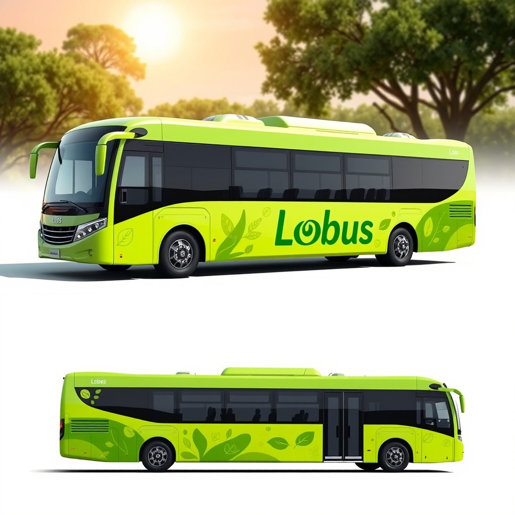An eco-friendly school bus designed with sleek, modern lines, featuring large windows and a vibrant green exterior adorned with leaves and nature-inspired designs
