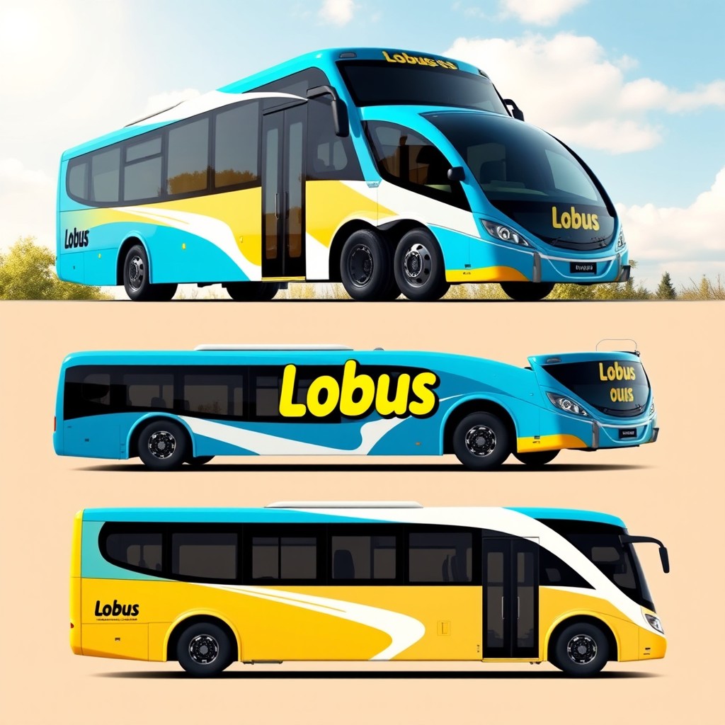 An eco-friendly school bus designed with sleek, modern lines, featuring large windows and a vibrant blue exterior accented with white and splashes of yellow