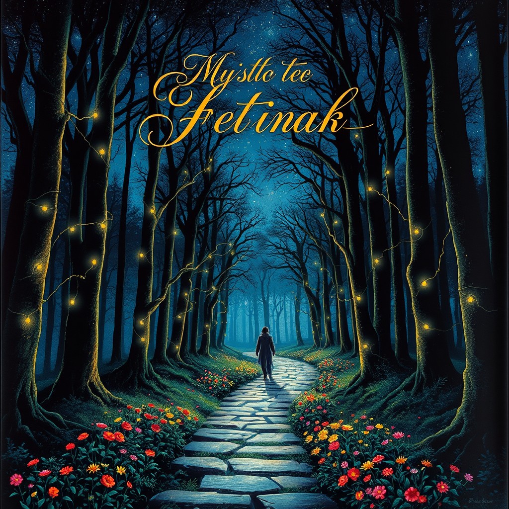 A captivating and visually striking book cover design featuring a mystical forest under a starry night sky