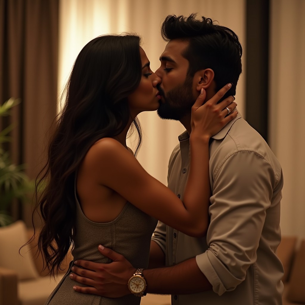 A young Indian woman with long, flowing hair, wearing a stylish outfit, passionately and forcefully kissing her husband, who has a surprised yet intrigued expression