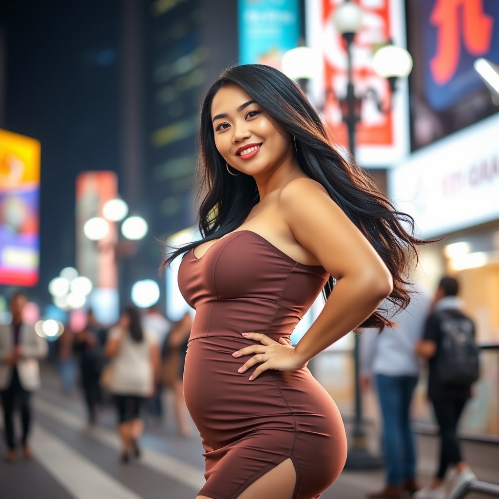 A curvaceous, attractive Asian woman posing confidently in a stylish outfit that accentuates her figure