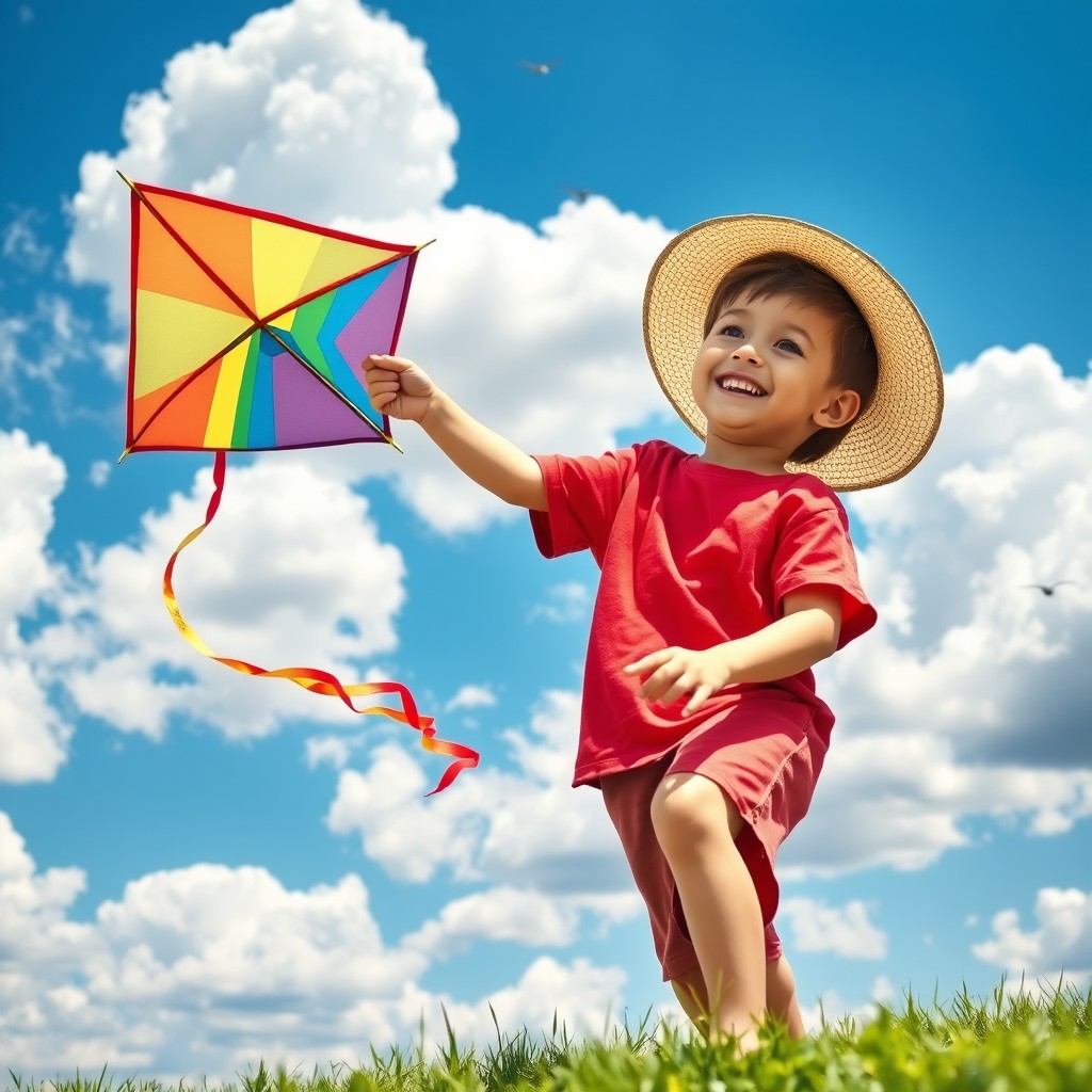 A young boy playing with a colorful kite in a bright blue sky filled with fluffy white clouds