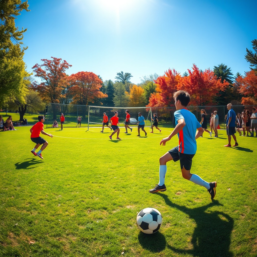 A dynamic and energetic scene capturing a variety of sports being played outdoors