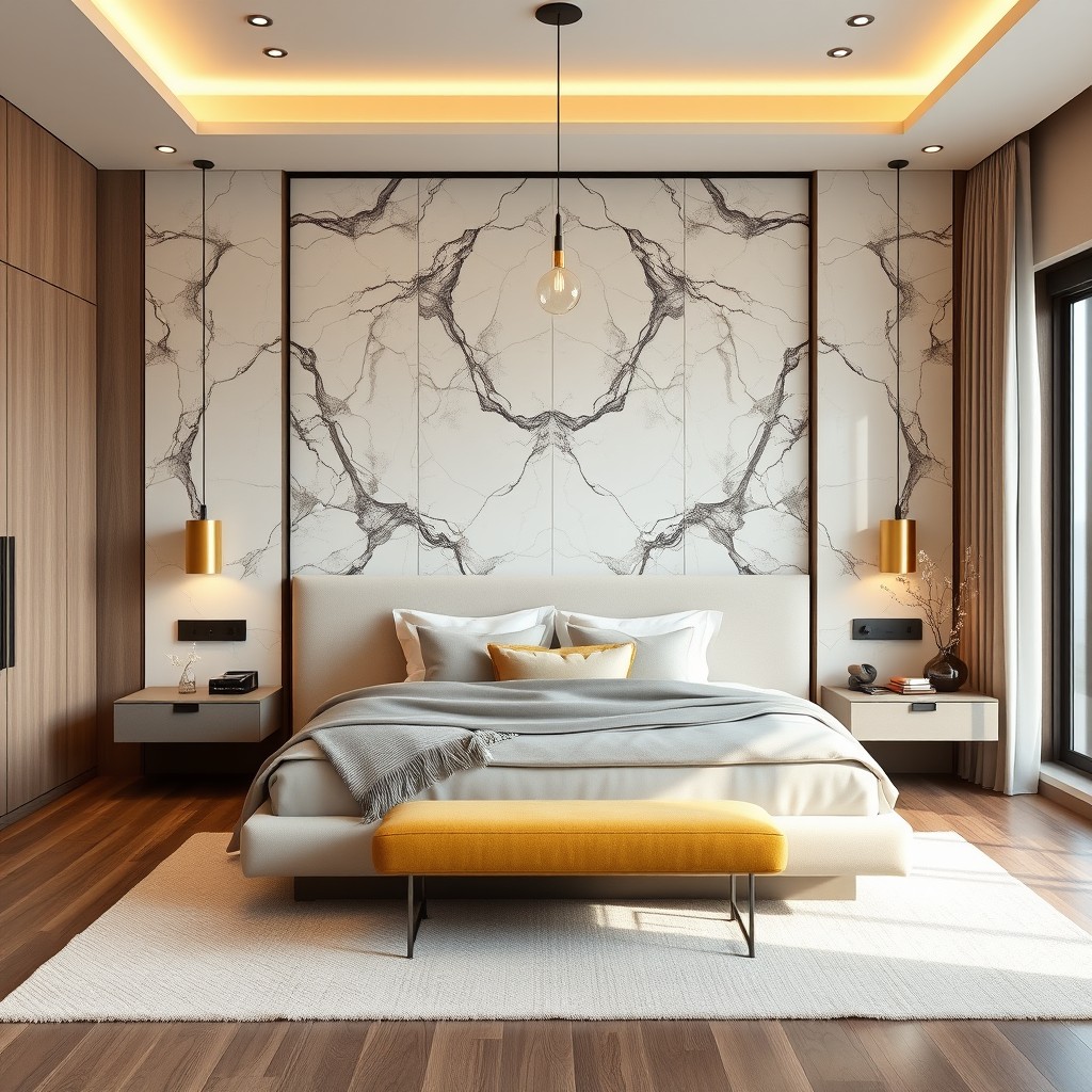A stunning modern master bedroom for a contemporary couple featuring a luxurious floor-to-ceiling bookmatched marble headboard with elegant natural veining as the focal point