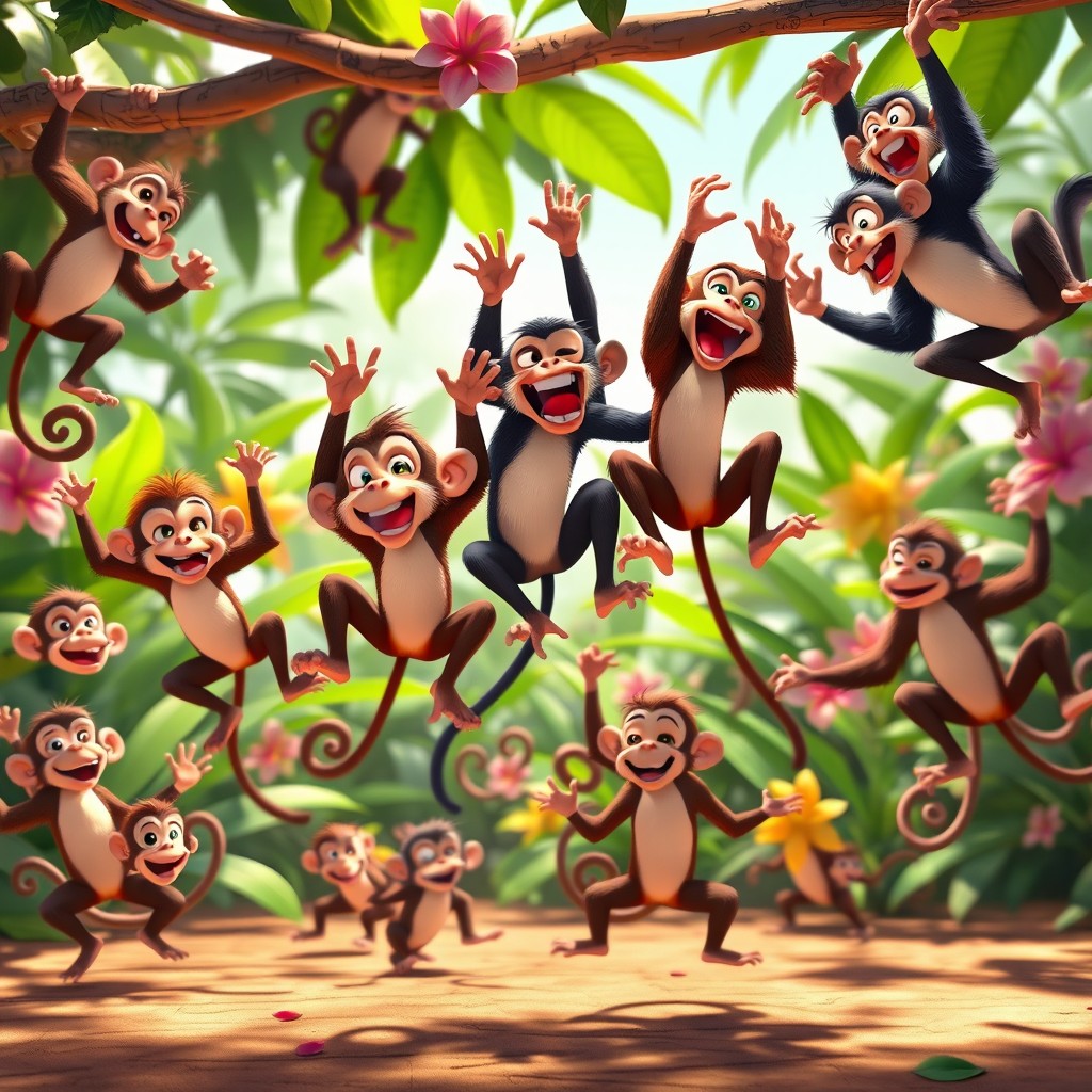 A lively scene depicting a group of animated monkeys energetically spinning in circles, showcasing their playful and acrobatic nature