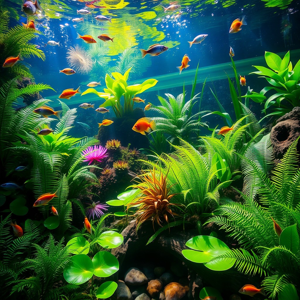 A mesmerizing aquarium jungle zone filled with vibrant, exotic plants and diverse marine life