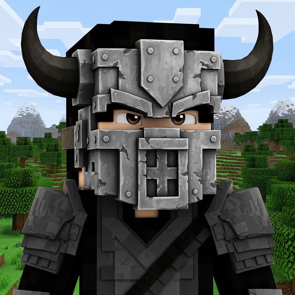A cool Minecraft character with an edgy design, featuring dark hair and a striking metal mask with horns that covers the entire face
