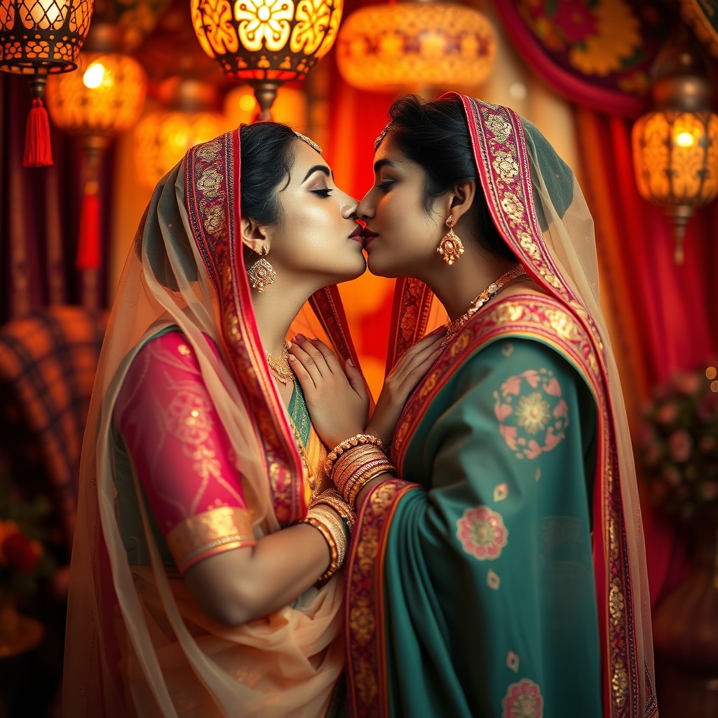 A beautiful, intimate scene of two Hindu women sharing a gentle kiss