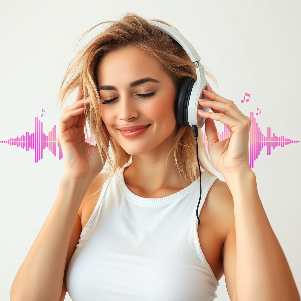 A beautiful woman with dirty blonde hair, wearing a white tank top, in a completely white studio, listening to music with headphones