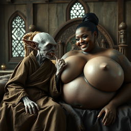 In a medieval bedroom, two distinct beings are lying on a grand bed