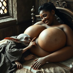 In a medieval bedroom, two beings are lying on an ornate bed